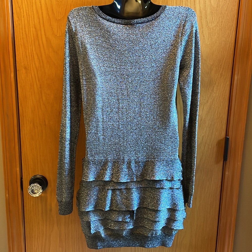 BCBG Maxazria Long Sleeve Short Dress in Silver Sparkle